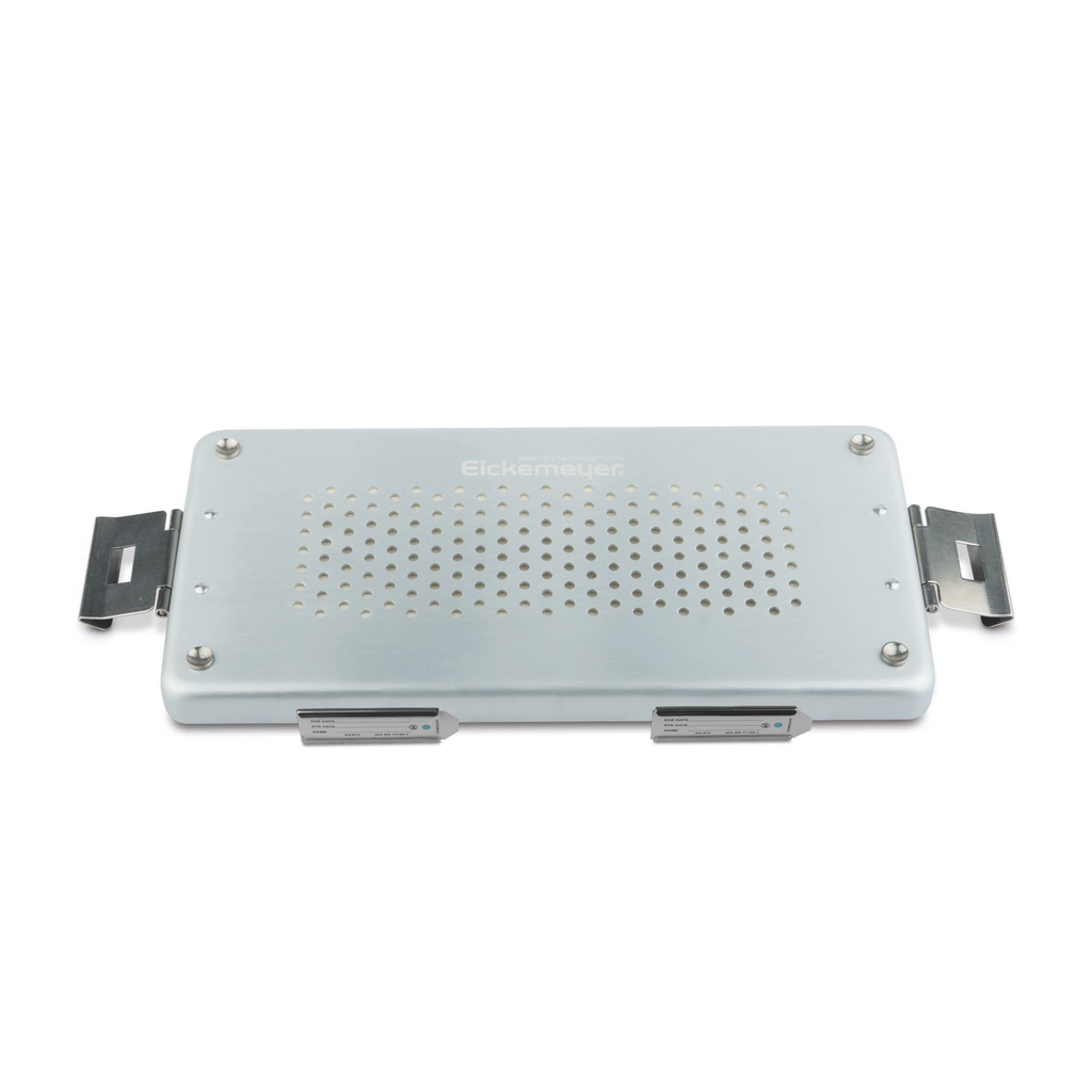 Silberner Deckel zu Klein-Set-Container, perforiert , 300 x 140 mm, mit Papierfilter und Halterung für Etiketten