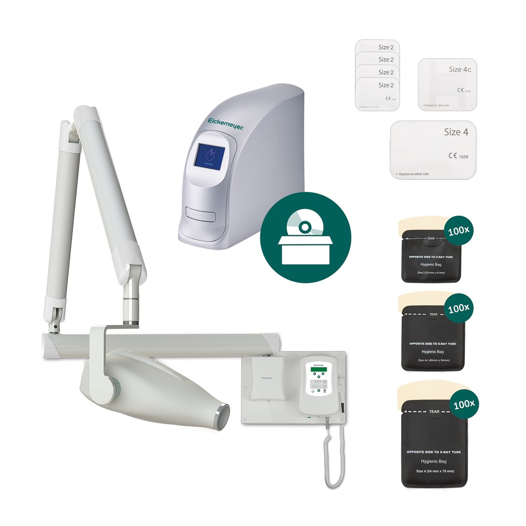 [A7080360001] DigiVet CR PREMIUM Dental Reader inkl. Starterkit 4 x IP Size 2 (31 x 41 mm), 1 x IP Size 4c, (48 x 54 mm), 1 x IP Size 4  (54 x 76 mm), je 100 Schutzhüllen, DigiVet Dental Vet Imaging Software Pack, inklusive DICOM Modalitäten (Send/Retrieve) sowie HiRay Dental Röntgengerät (nach Wahl) (Wandmodell)