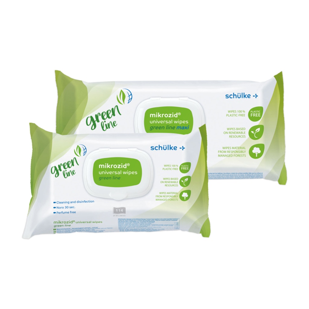 Schülke mikrozid® Universal Wipes, Green Line, 114 Tücher, mit niedrigem Alkoholgehalt, trotzdem schnelle und breite Wirkung für alle Oberflächen.