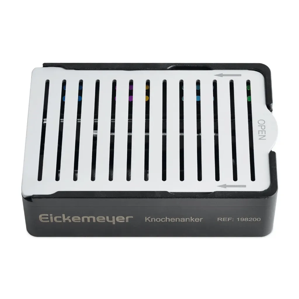 Knochenanker-Modul Instrumente und Knochen - Anker Modul Instrumente und Schrauben, mit Deckel Maße (in mm): L 120 x B 80 x H 32 / Bone anchor module instrumentation and screws empty, with lid  L 120 x B 80 x H 32