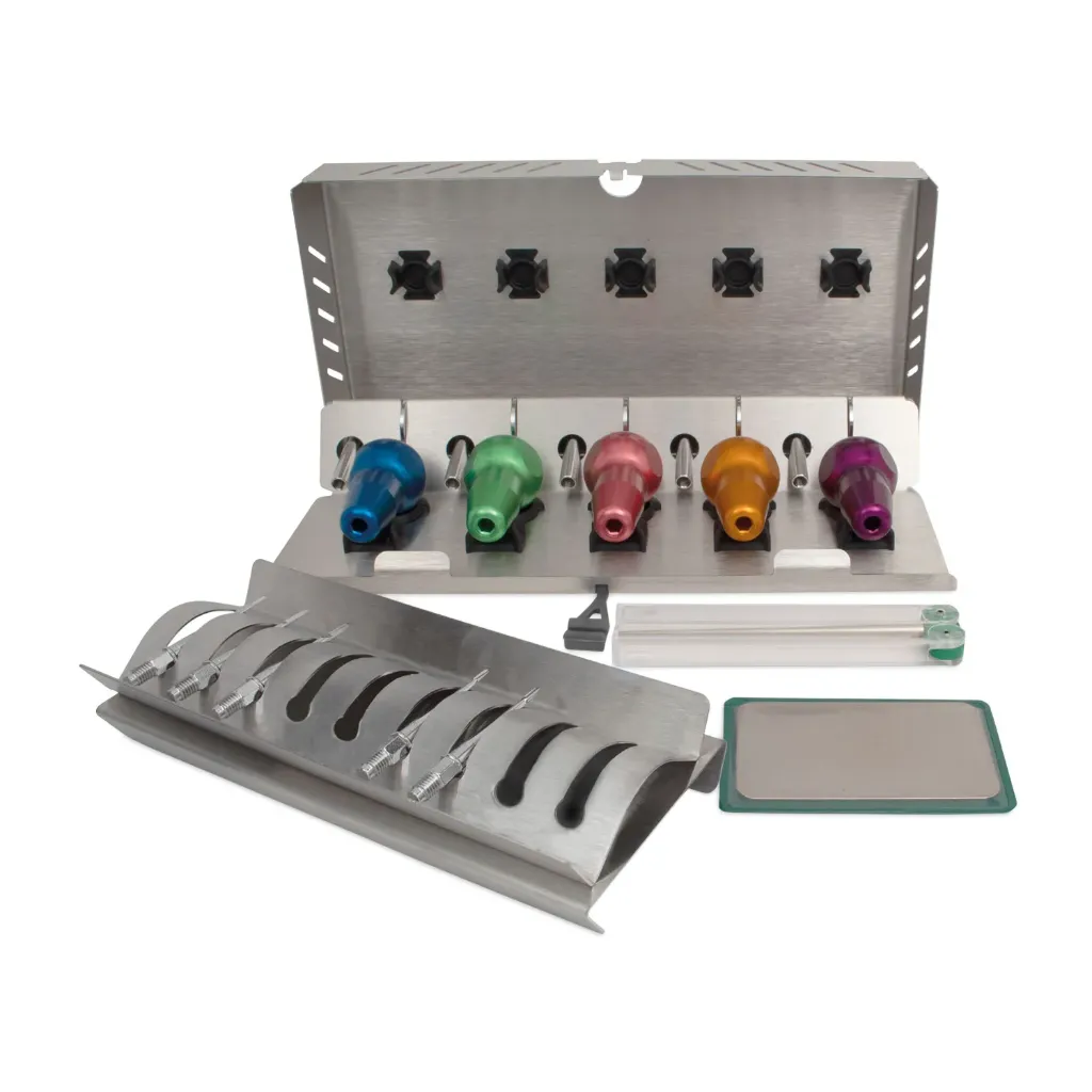 [175073] DENTANOMIC Feline Set – Gold (Standard), bestehend aus 5 Standardhandgriffen (lila, orange, grün, blau und rosa) + 2 und 3 mm Elevator Klingen + 1.5, 2 und 3 mm Luxator Klingen + Aufbewahrungsrack + Schleifset + Sterilisationsbehälter