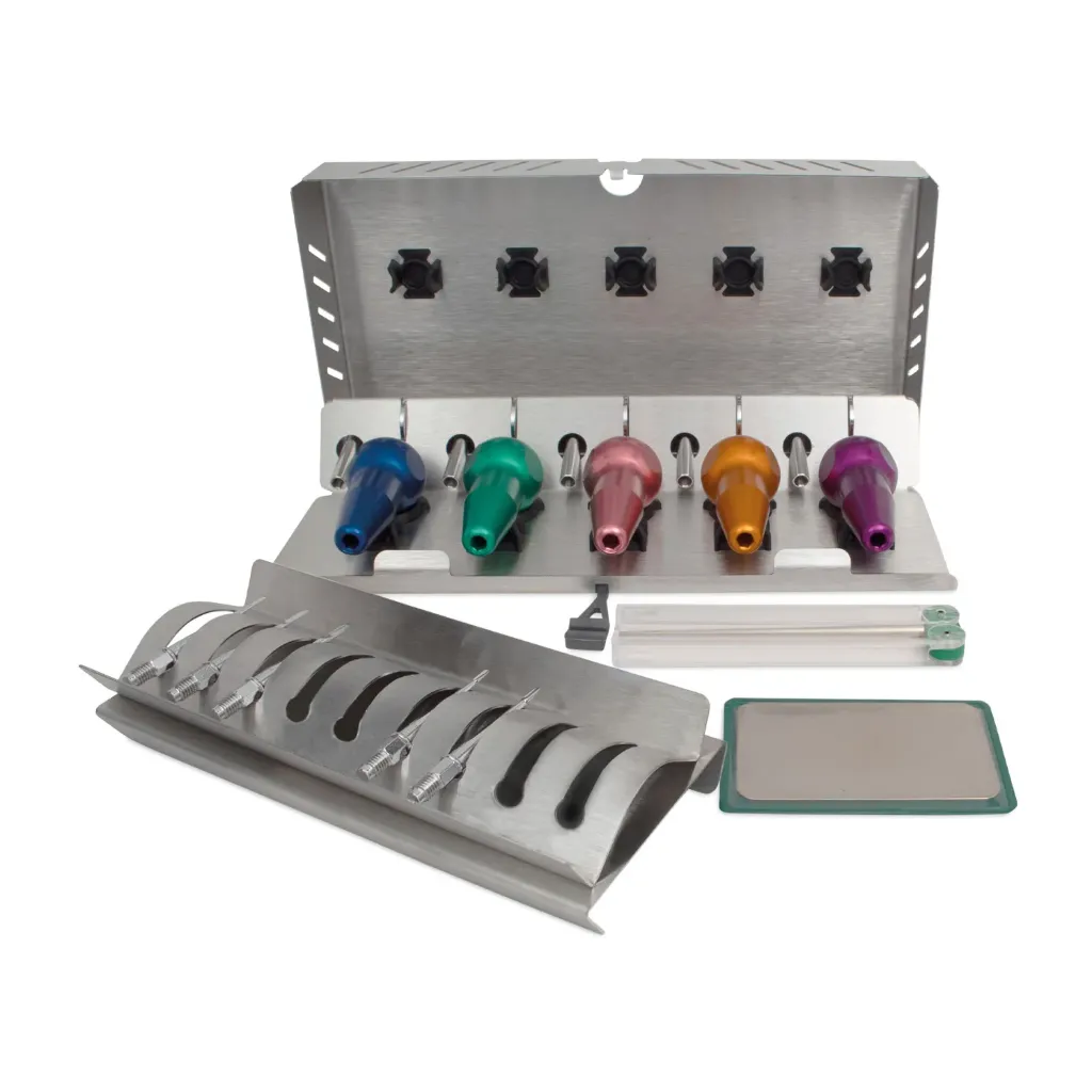 [175074] DENTANOMIC Feline Set – Gold (Lang), bestehend aus 5 langen Handgriffen (lila, orange, grün, blau und rosa) + 2 und 3 mm Elevator Klingen + 1.5, 2 und 3 mm Luxator Klingen + Aufbewahrungsrack + Schleifset + Sterilisationsbehälter