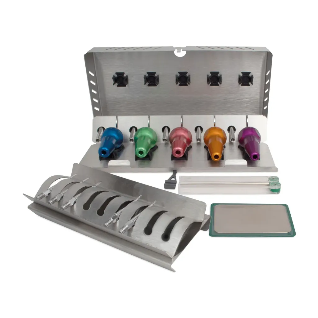 [175075] DENTANOMIC Feline Set – Mixed Gold, bestehend aus 3 Standardhandgriffen (grün, blau und rosa) + 2 langen Handgriffen (lila, orange) + 2 und 3 mm Elevator Klingen + 1.5, 2 und 3 mm Luxator Klingen + Aufbewahrungsrack + Schleifset + Sterilisationsbehälter
