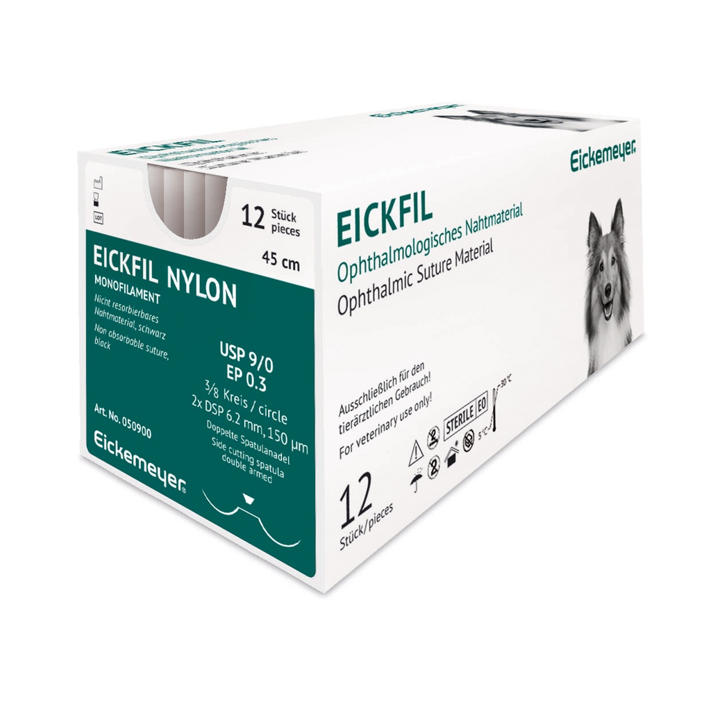 EICKFIL Nylon, USP 9/0, EP 0.3, 3/8 C 2xDSP 6,2 mm 150 µm, Doppelte Spatulanadel schwarz, 45 cm, Schachtel mit 12 Fäden