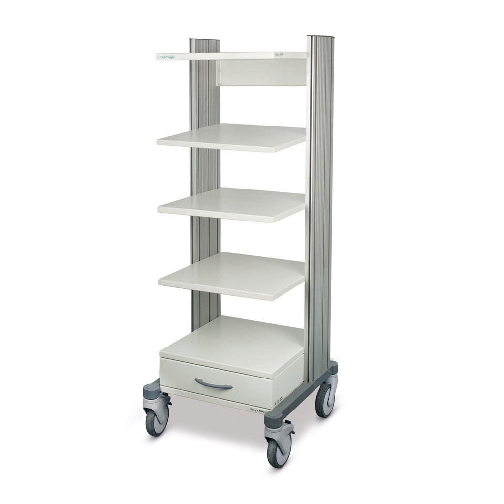 [306150] Endoskopie-/ Gerätewagen, H = 139,5 cm, B = 60 cm, 4 Rollen, 4 Ablageböden, 1 Schubfach, Standardfarbe: weiss/ grau