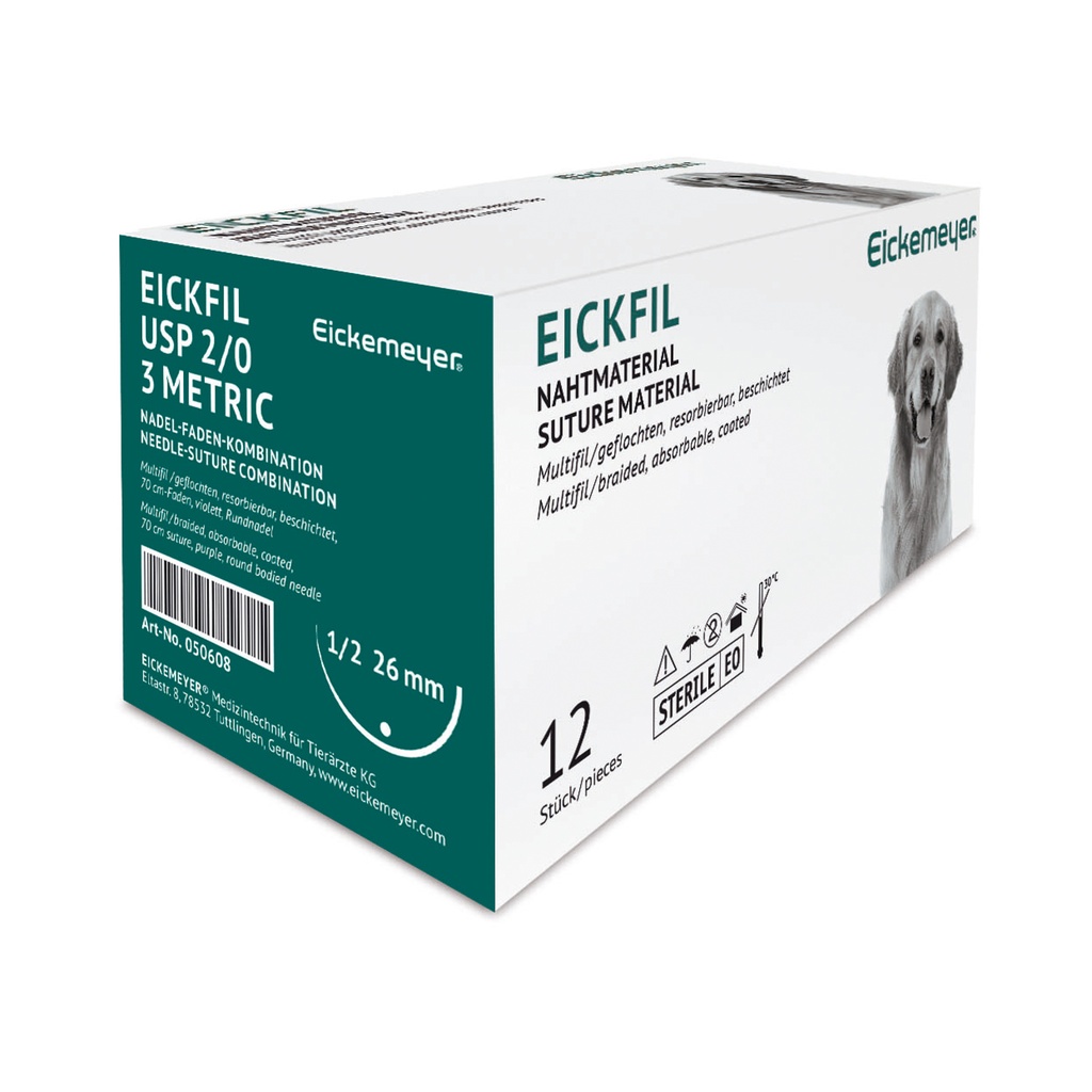 Nahtmaterial EICKFIL, 26 mm, 2/0 (3) 70 cm synth.,Rundnadel, resorbierbar,1/2 Kreis Packung mit 12 Stück