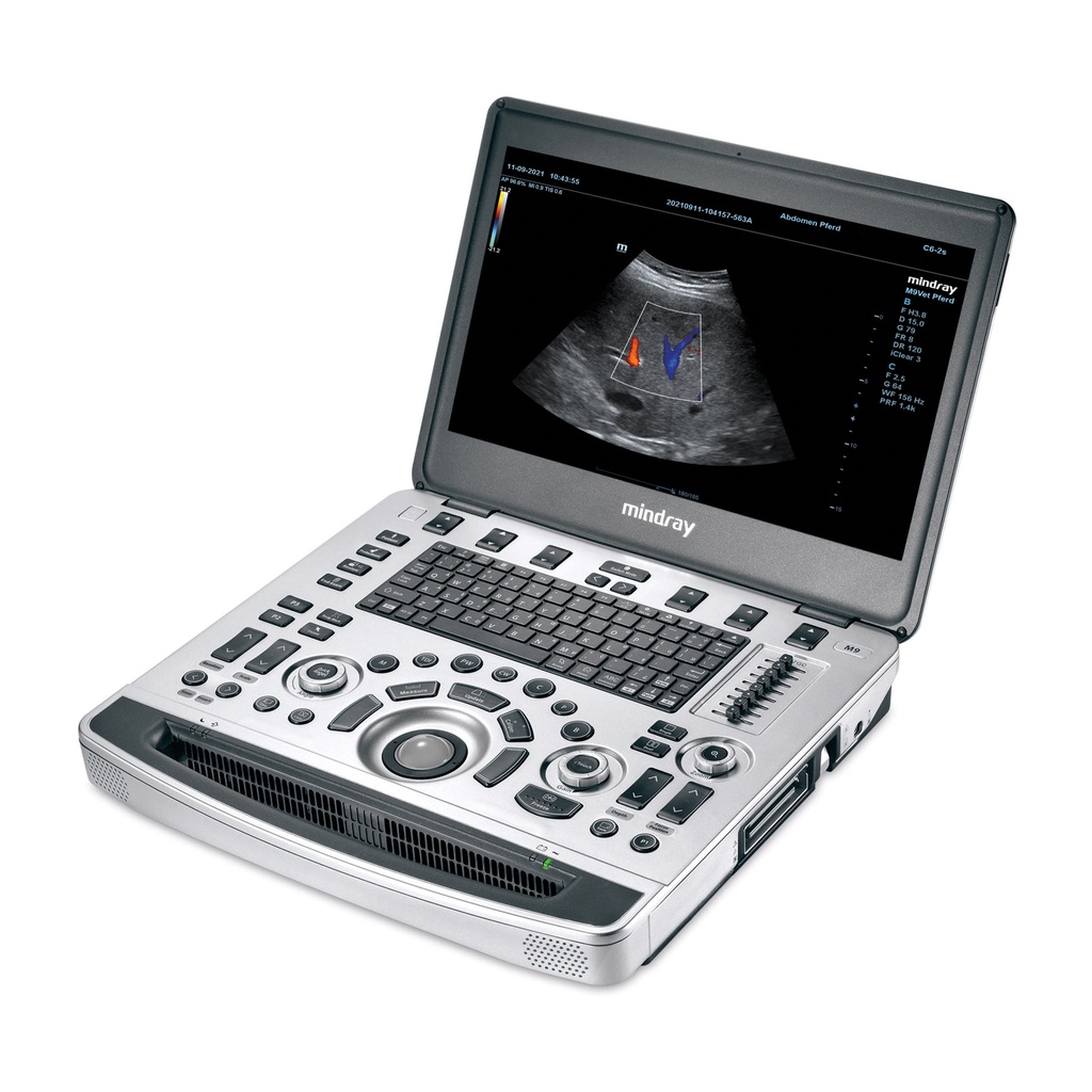 Ultraschallgerät M9 VET Equine PSH™ (Phase Shift Harmonic Imaging) iBeam™ (Spatial Compounding Imaging) iClear™ (Speckle Suppression Imaging) iTouch™ (Auto Image Optimization) iZoom™ (Full Screen View) Echo BoostTM  HDR Flow (High Dynamic Range Flow) HR Flow (High ResolutiSmart Installment Reminder Internal WIFI Travelling Case on FlowAC Adapter and Lithium-ion Battery Pack (Built-in Main Unit) Keypad cover film Shared Service Package (includes Abdomen/General, Cardiac, Small Parts, Vascular, Reproduction packages) 120-003723-00	Transducers	Veterinary convex array transducer, C5-1s 120-001403-01	Transducers	Veterinary linear array transducer, L12-4s
