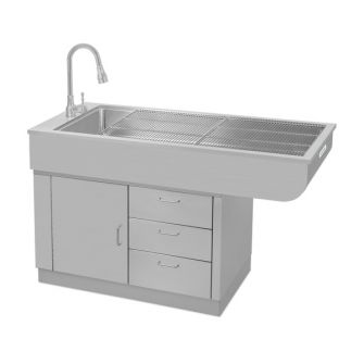 EICKEMEYER® Wasch- und Dentaltisch komplett aus Edelstahl, L=1400 x B=600 x H=880 mm,  Beckentiefe: 15 cm, Kniefreiraum 70 cm, Handbrause (ausziehbar) und teilbarem Rost, 3 Schubladen und einer Türe